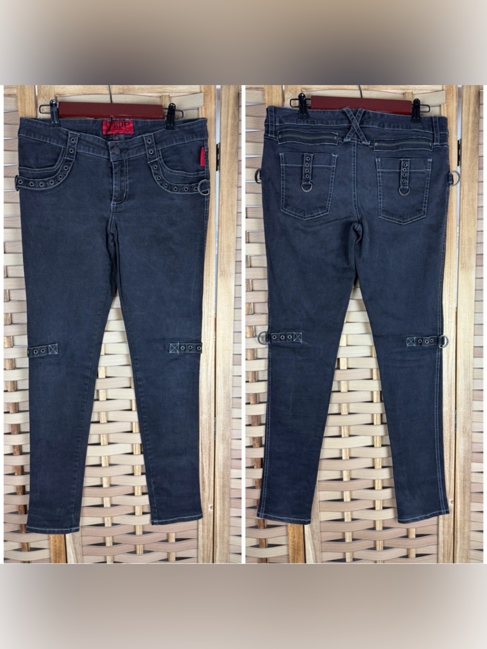 TRIPP NYC Y2K Black Skinny Stretch Jeans with Metal Ring Zipper Grommet Details